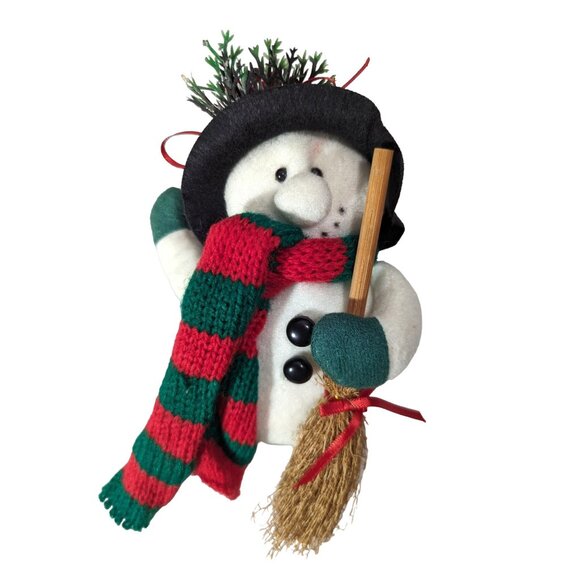 Holiday Snowmen Plush Black Hat Red Green Scarf Broom Ornament 2-Pc Vintage 1992 - Picture 4 of 8